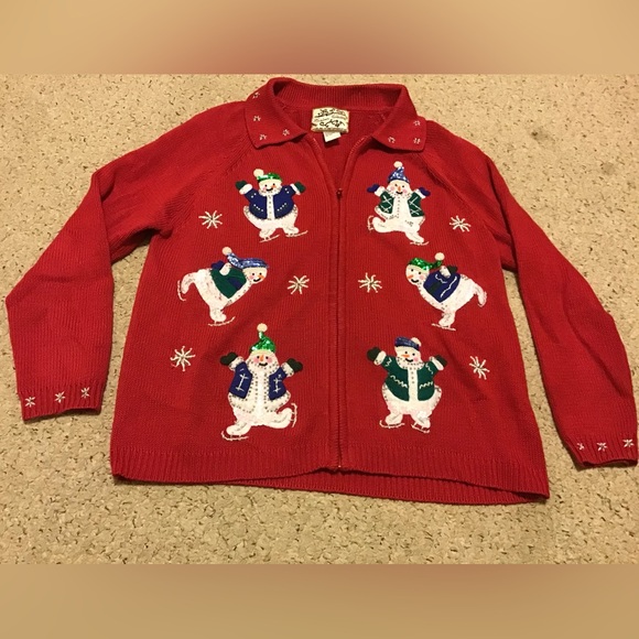 HEIRLOOM COLLECTIBLES 2003 VINTAGE CHRISTMAS SWEATER ZIP CARDIGAN SNOWMEN EUC L - Picture 1 of 3
